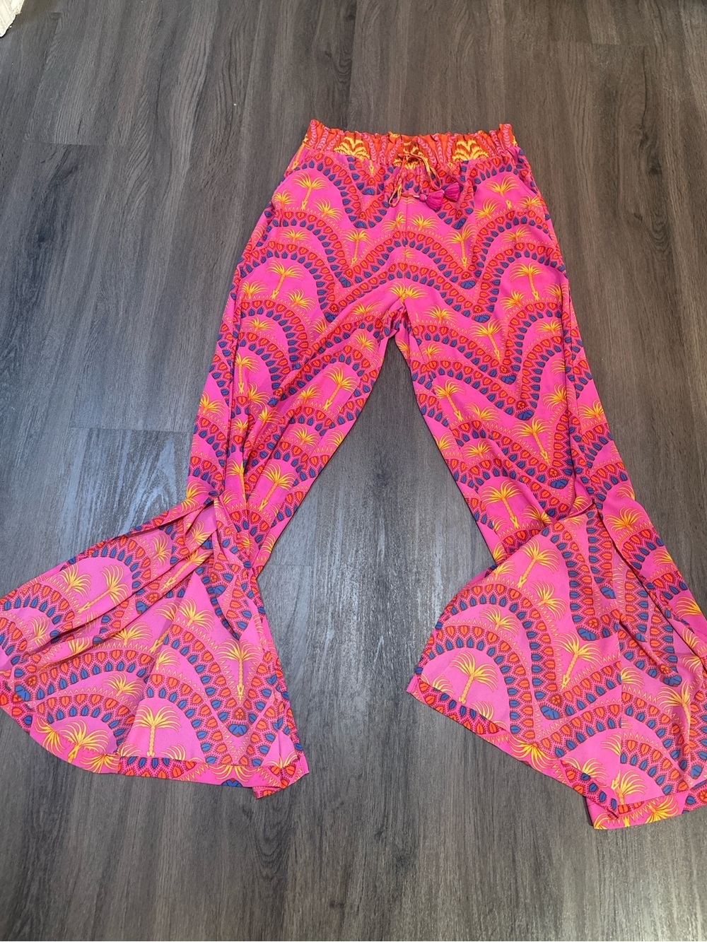 Tropical Palm Print Wide Leg Palazzo Pants Boho Resort Vacation Pink Small - Picture 6 of 11